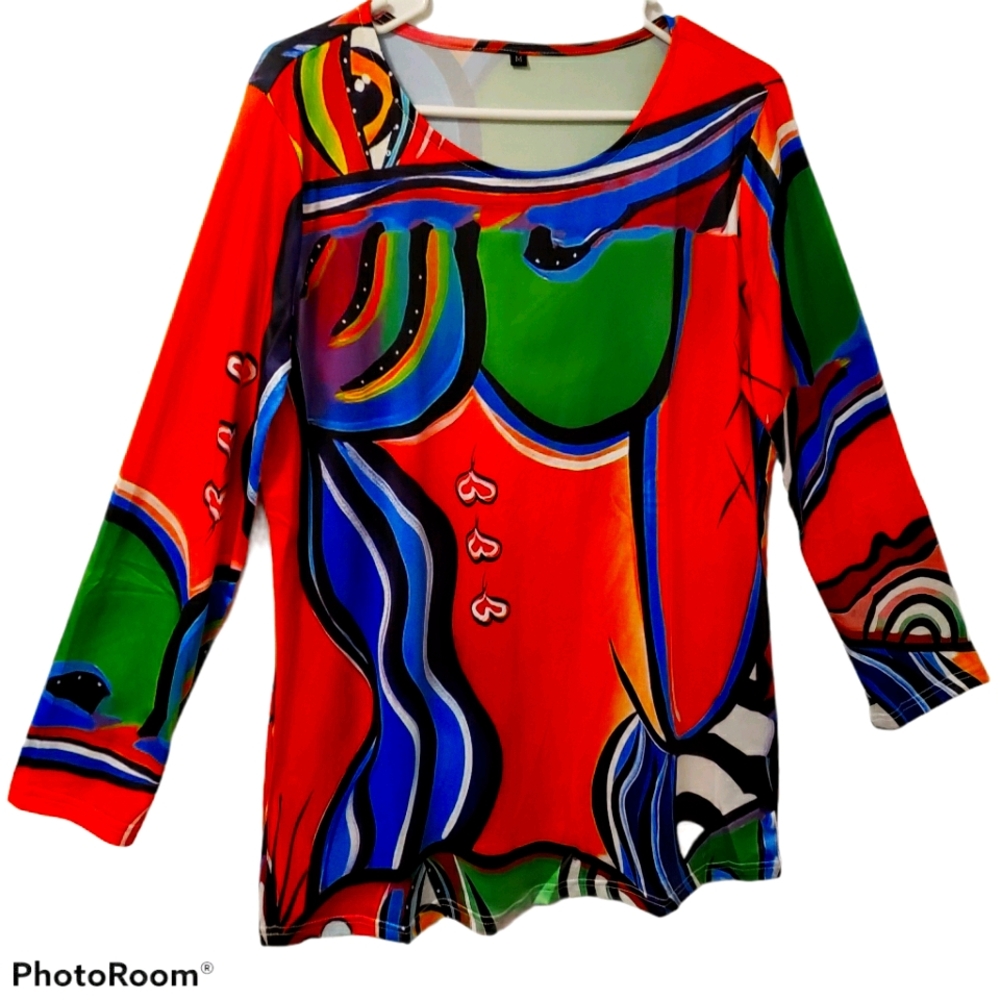 Fashion Concept women’s medium art deco colorful print pullover top. NWT